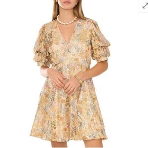 1.State Gold Metallic Floral Bubble Sleeve Mini Holiday Cocktail Dress Size L